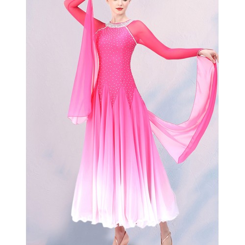 Turquoise fuchsia hot pink gradient competition ballroom dancing dresses with diamond for women girls standard waltz tango foxtrot smooth sparkle long gown